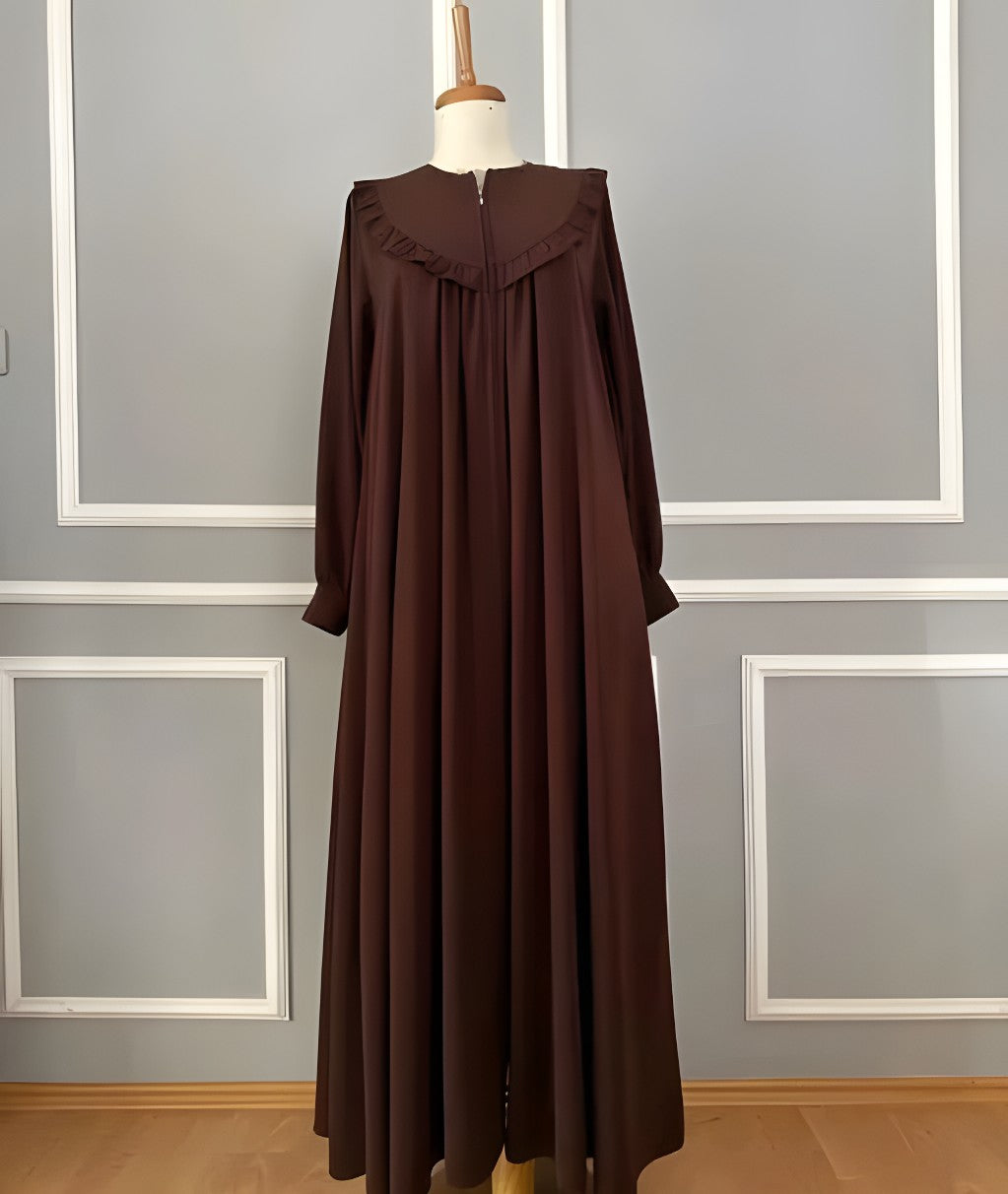 Elegant Plain Brown Ruffle Abaya