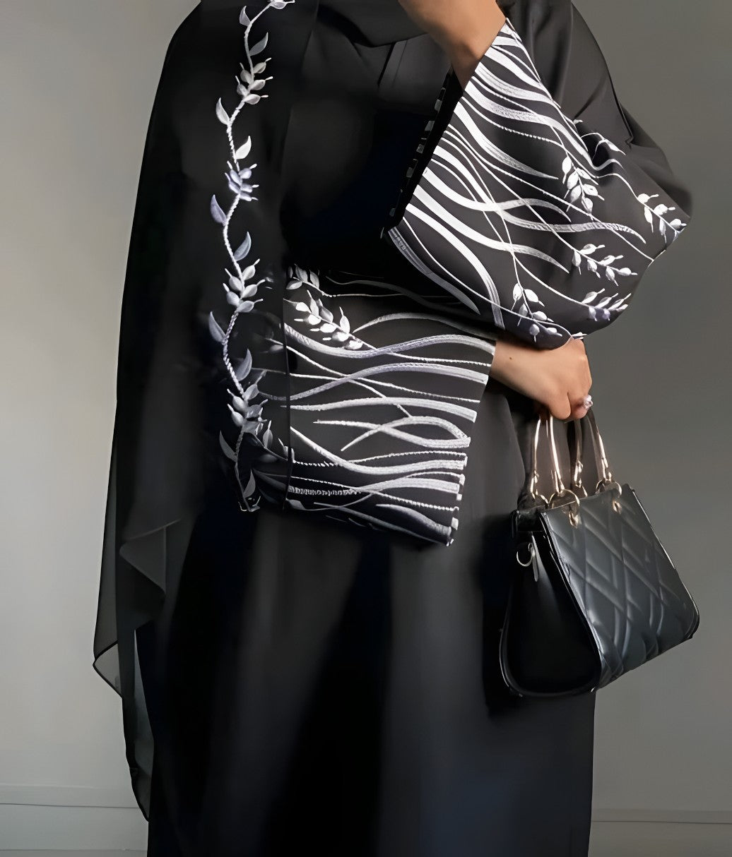 Black Embroidered Abaya with White Leaf Detailing