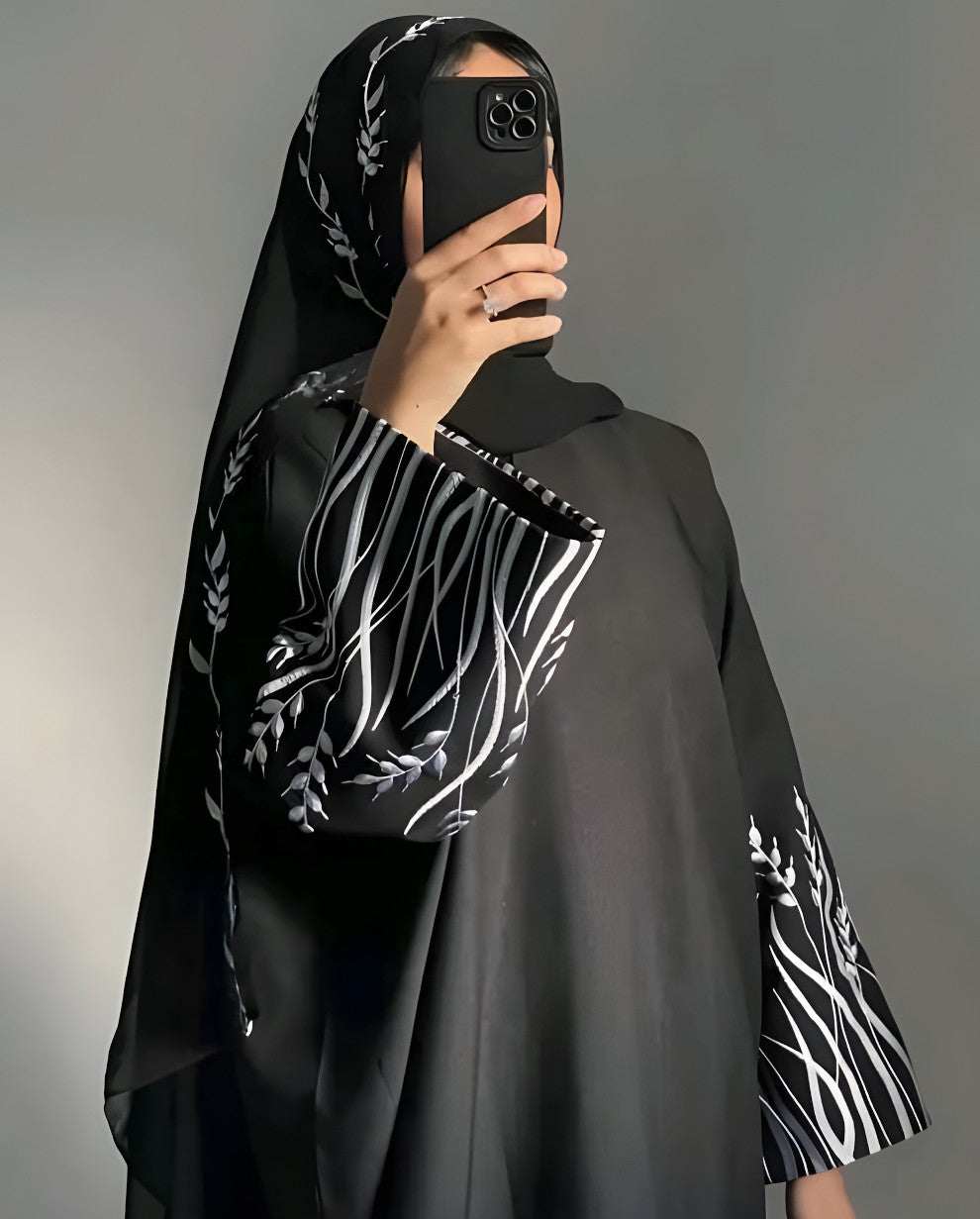 Black Embroidered Abaya with White Leaf Detailing