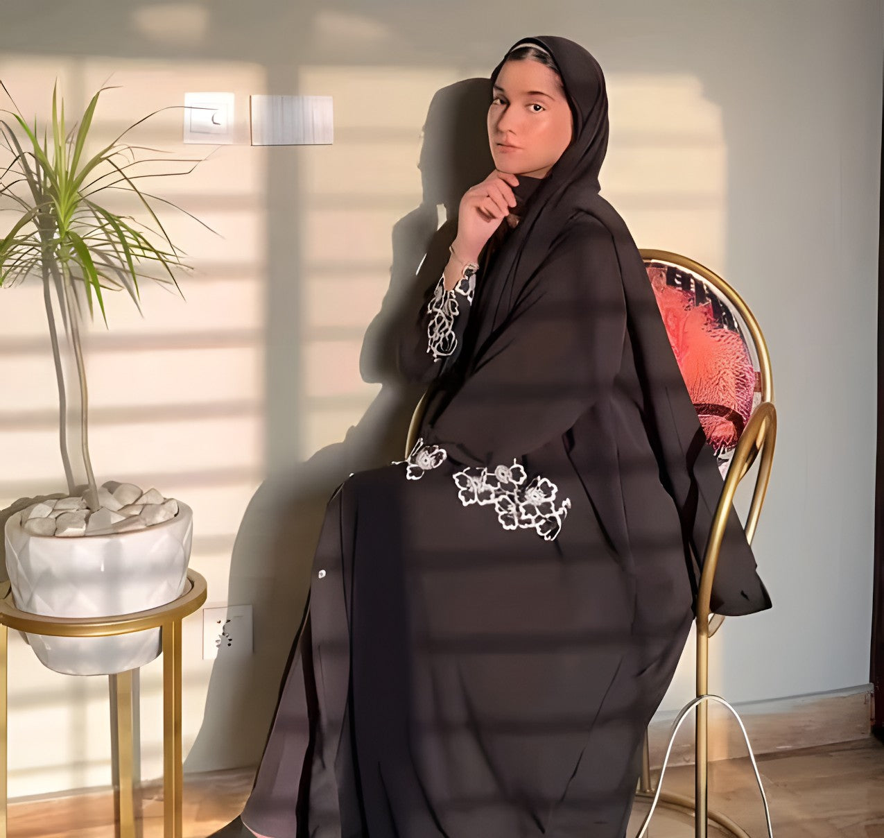 Brown Abaya with White Floral Embroidery