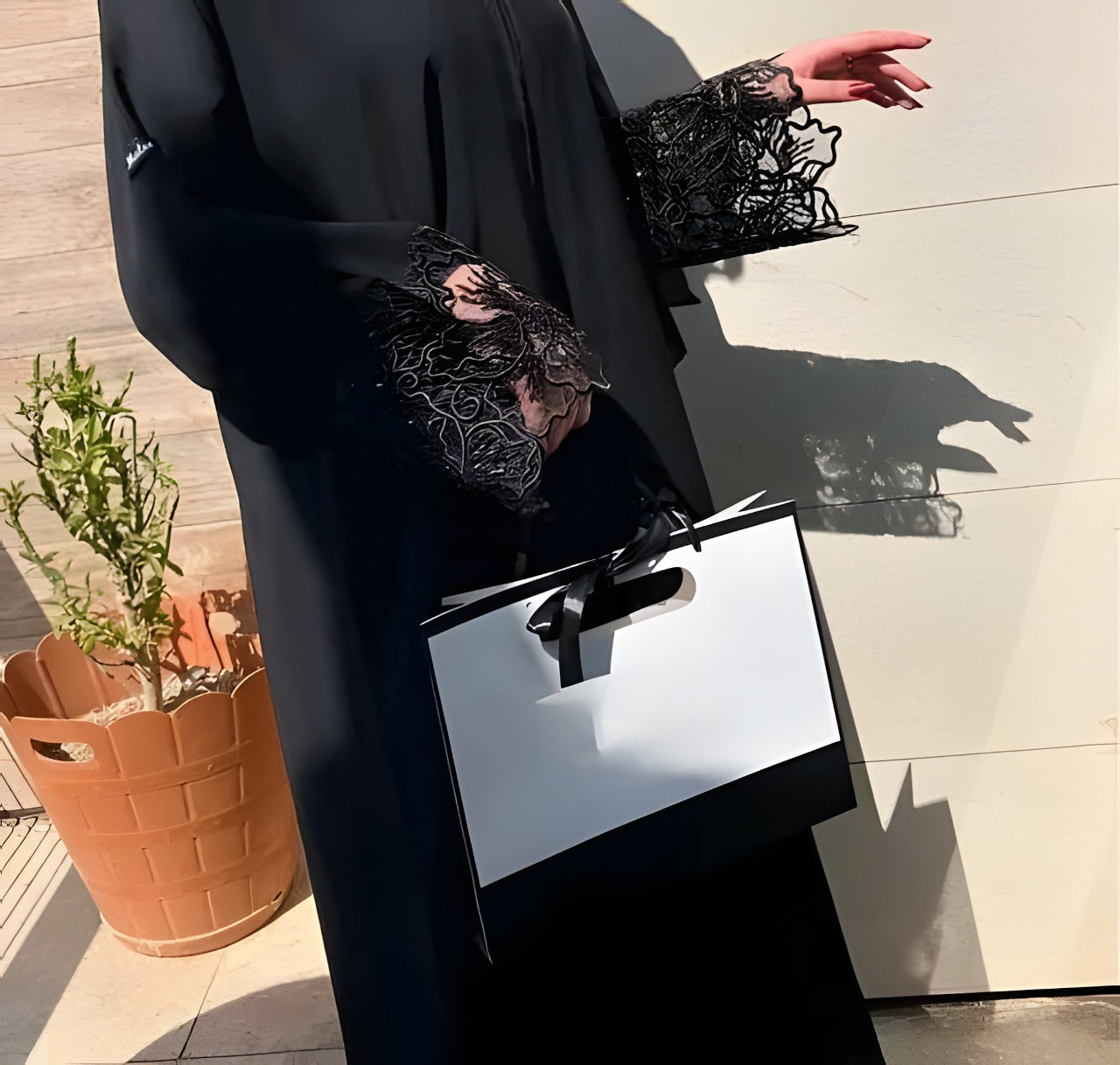 Luxury Black Abaya with Hand-Embroidered Lace & Sequin Detailing