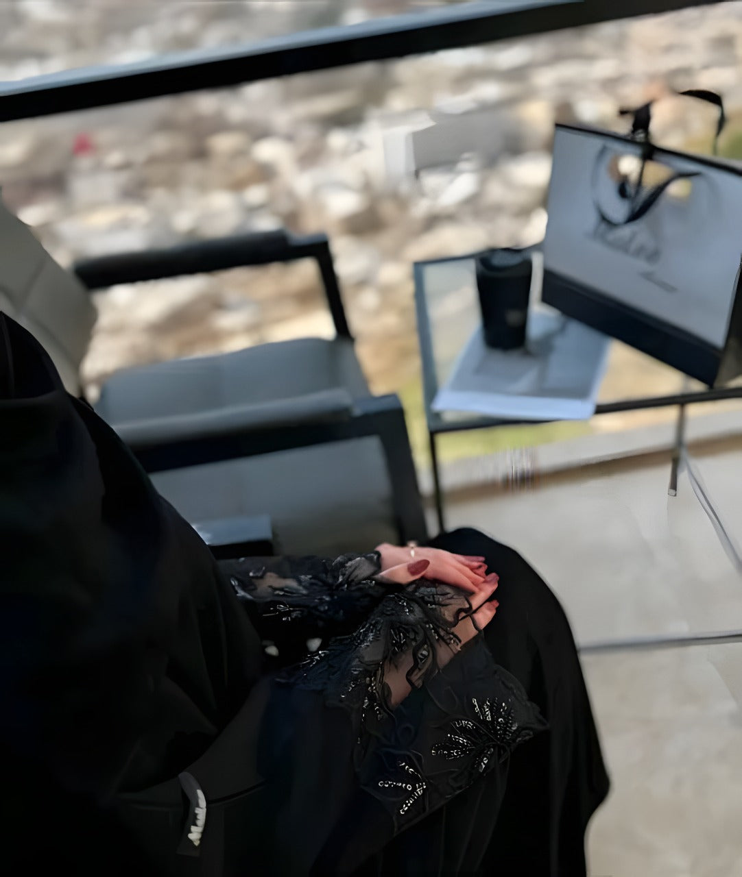 Luxury Black Abaya with Hand-Embroidered Lace & Sequin Detailing