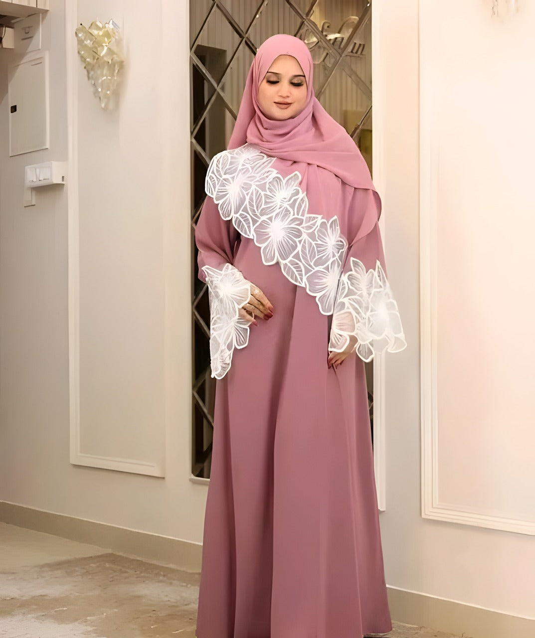 Rose Pink Abaya with White Floral Embroidery