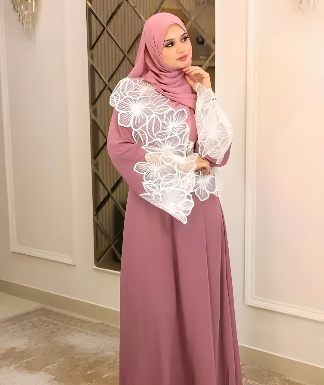 Rose Pink Abaya with White Floral Embroidery
