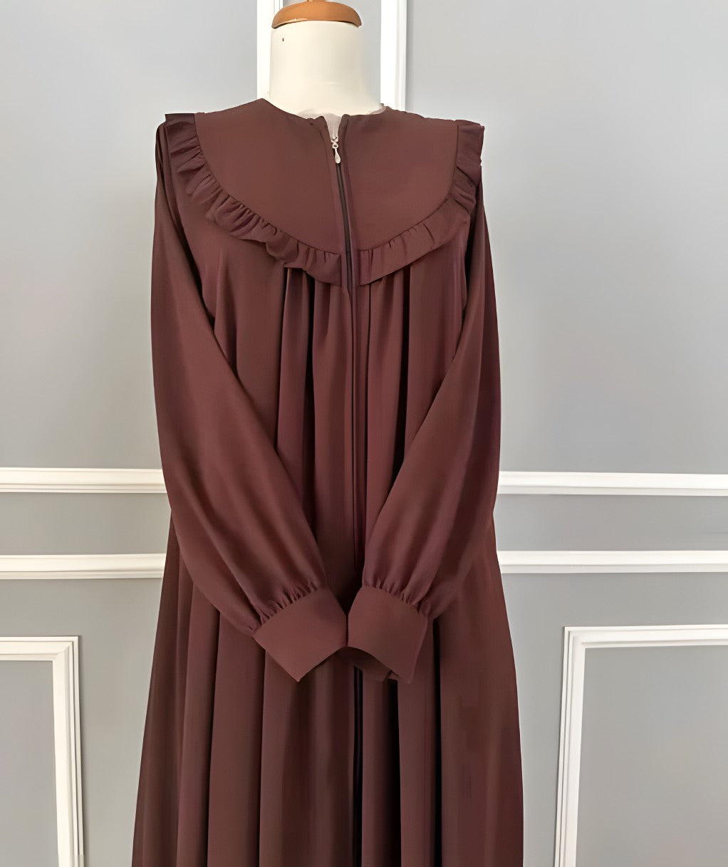 Elegant Plain Brown Ruffle Abaya