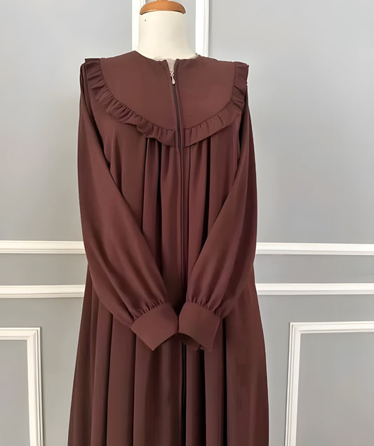 Elegant Plain Brown Ruffle Abaya