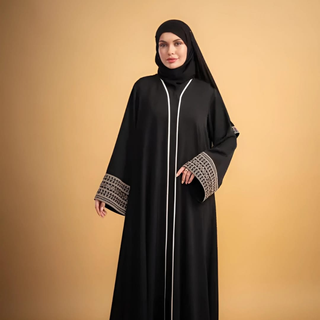 Classic Black Abaya with Intricate Embroidered Cuffs