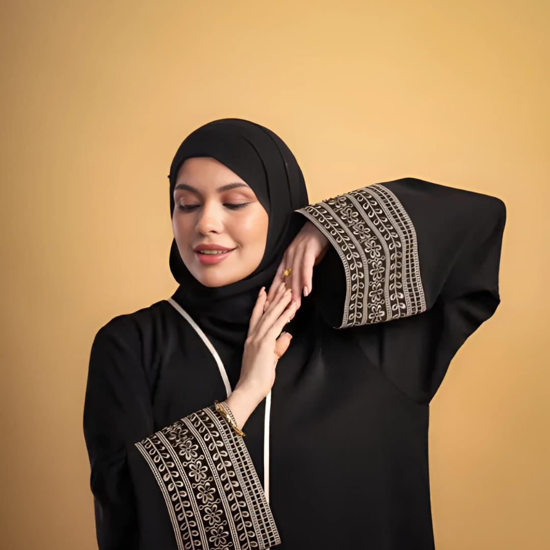 Classic Black Abaya with Intricate Embroidered Cuffs