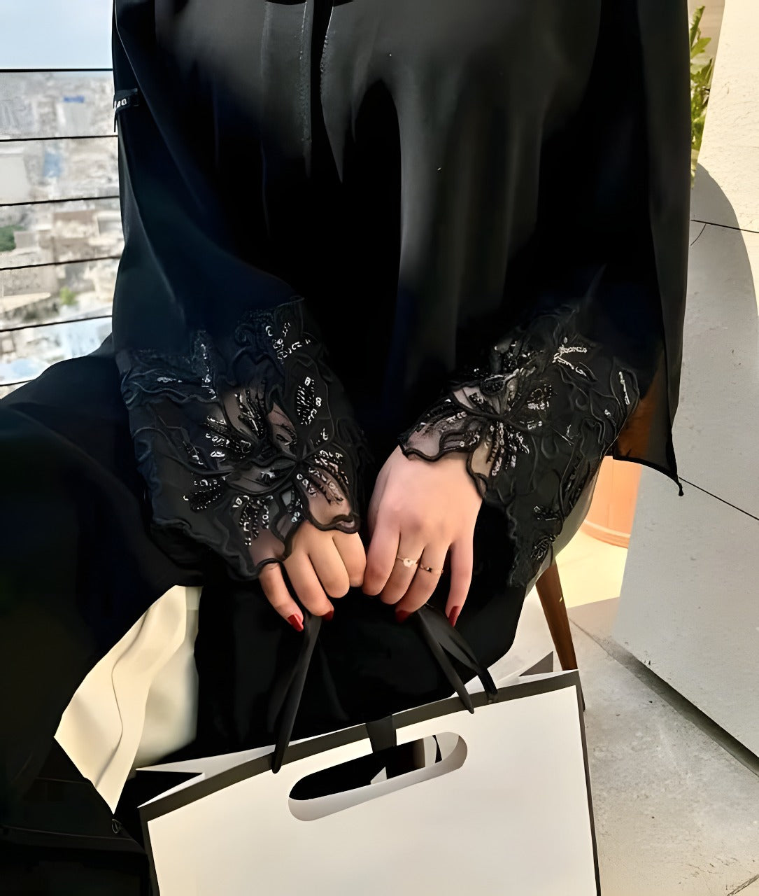 Luxury Black Abaya with Hand-Embroidered Lace & Sequin Detailing