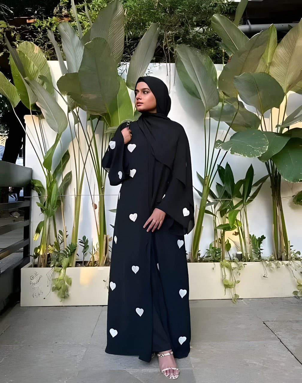 Elegant Black Abaya with White Heart Prints
